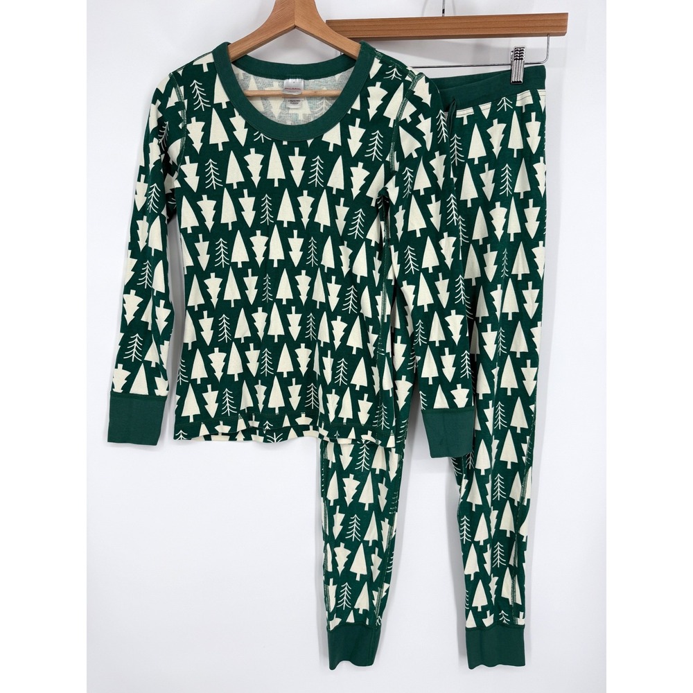 Hanna Andersson Women's Green Long John Pajama Set Christmas Trees Sz S Cotton